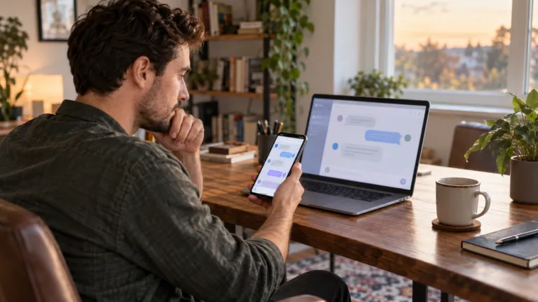 Adult comparing AI chat apps at home