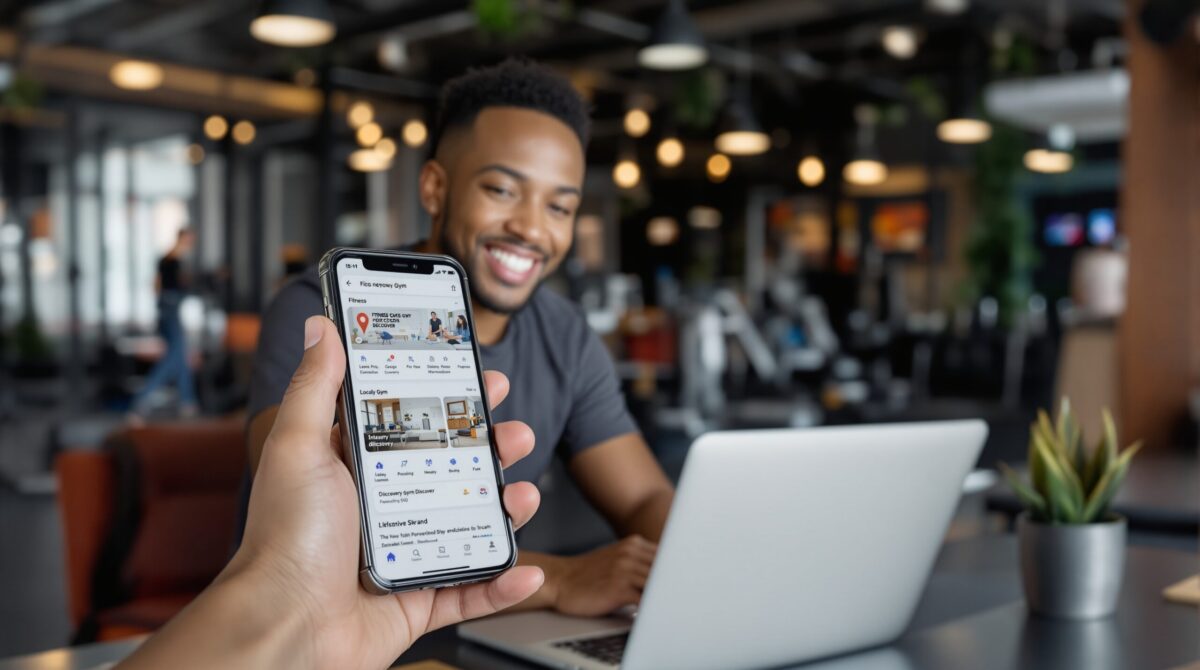 Local search results on a phone showing nearby gym discovery for fitness SEO.