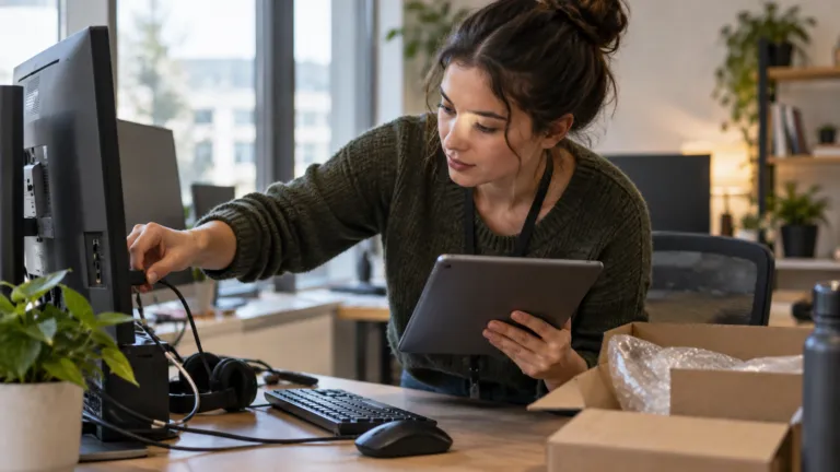 A new team member following an AI-assisted onboarding workflow on a tablet while setting up equipment at a real workplace