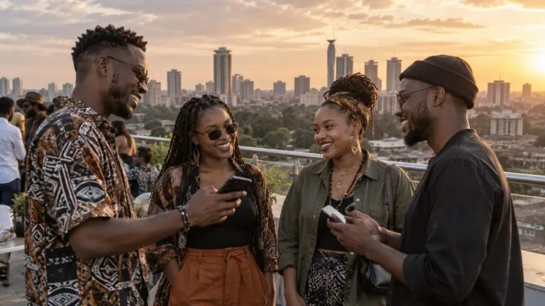 African creators discussing subscription and payout options at a rooftop meetup