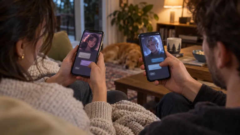 Two adult users comparing distinct AI-character chat experiences on separate phones in a private living room