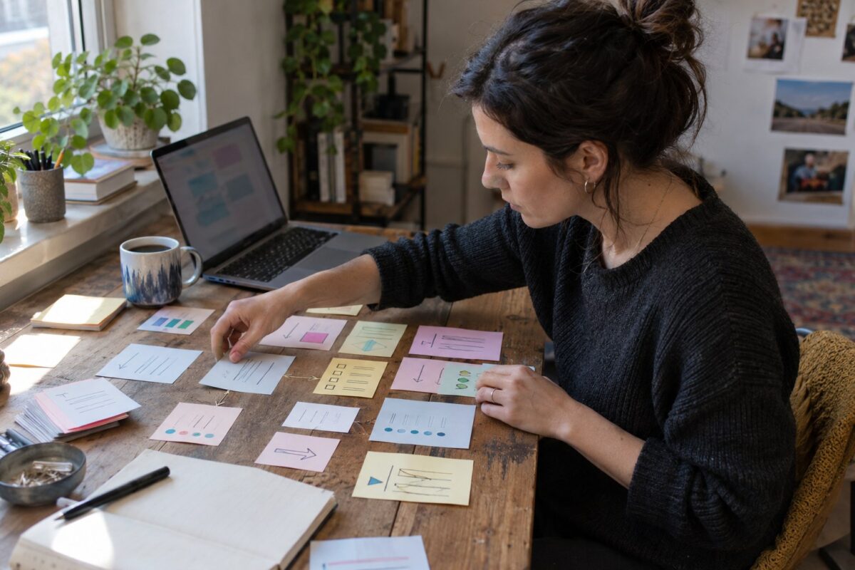 Creator mapping membership offers and access rules on paper beside a laptop
