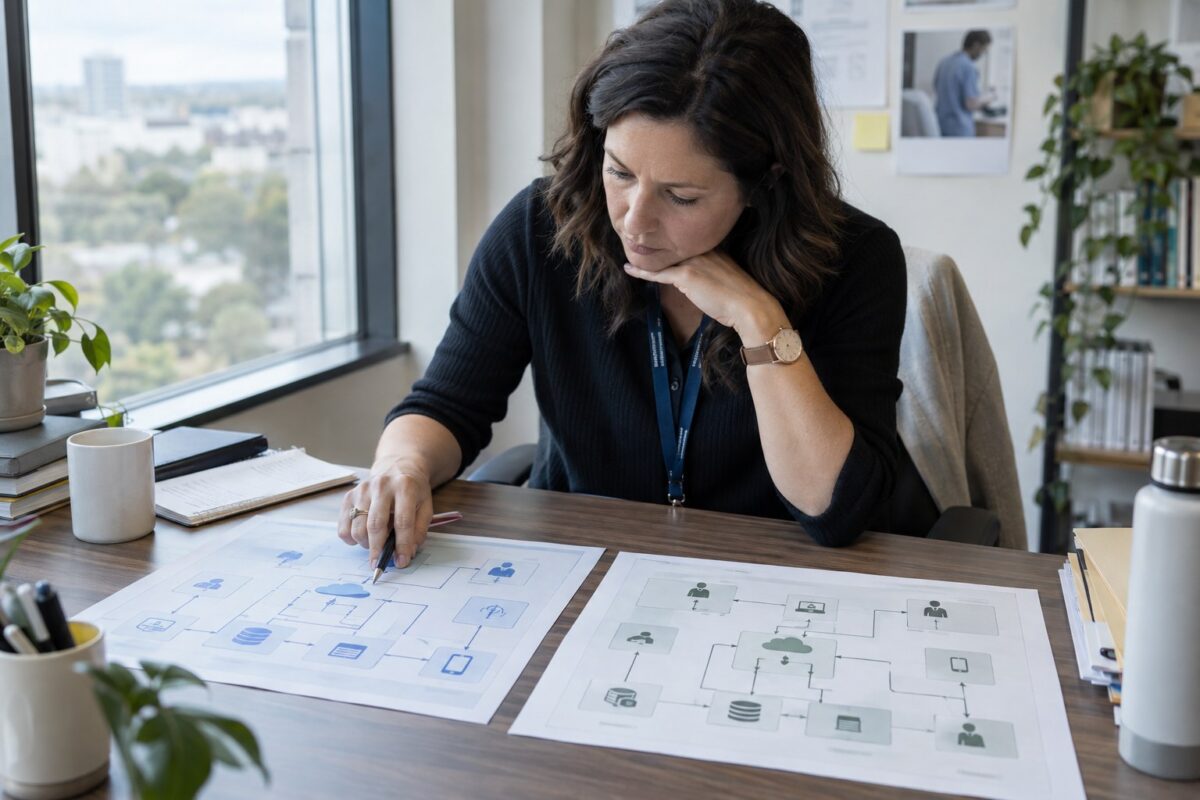 Product lead comparing telehealth architecture options on printed worksheets