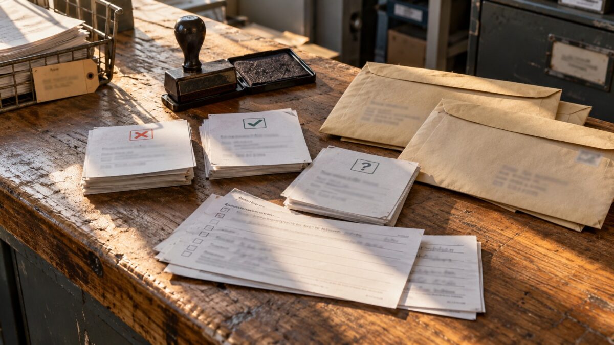 Refund decision cards, sealed support envelopes, consent forms, a date stamp and file tag on a worn wooden counter in afternoon light.