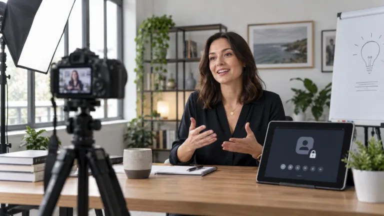 An adult creator in a bright professional studio recording a paid members-only educational video with camera and lighting gear
