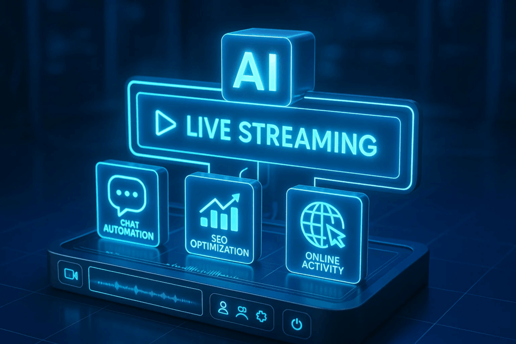 Live streaming dashboard with AI modules for chat automation, SEO, and simulated online activity