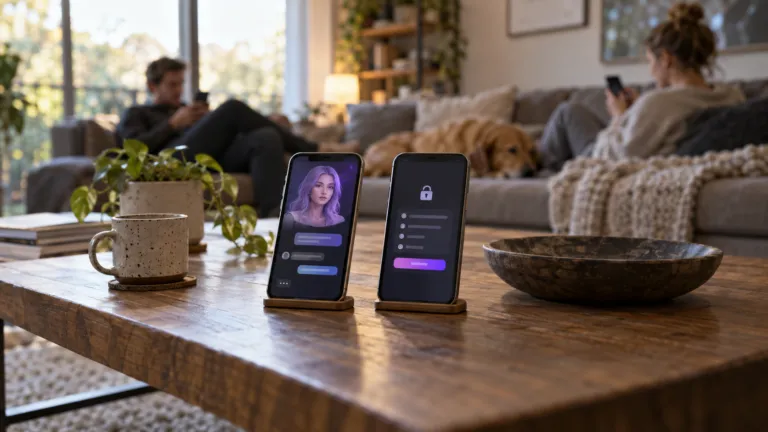 Two phones on a private living-room table showing abstract AI character chat and subscription access states