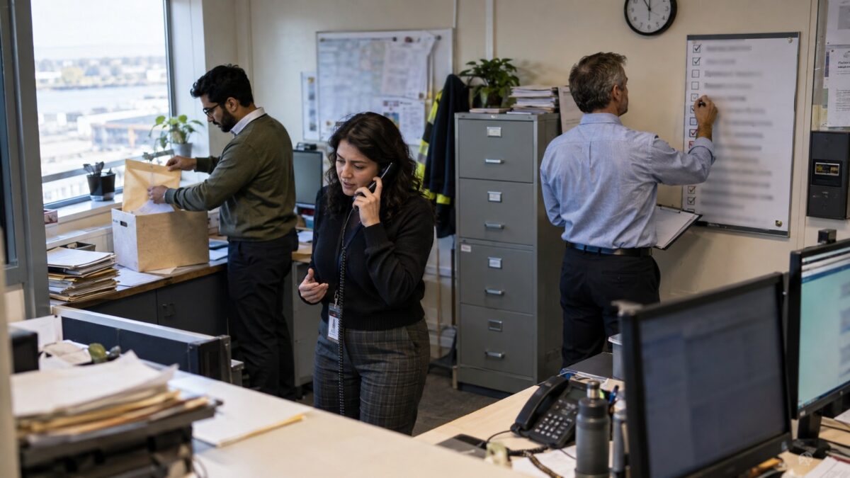 Three platform operations staff handle a support call, seal compliance files, and update an incident checklist in a daylight-filled control room.