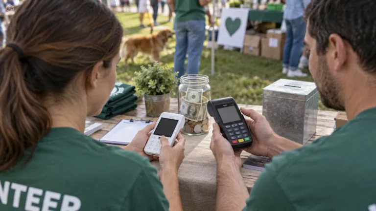 Nonprofit volunteers comparing donation checkout devices at a charity event table