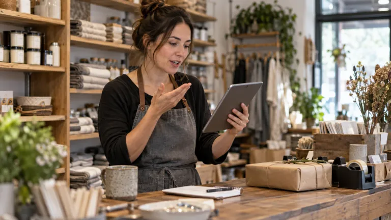 A shop owner using a voice-and-chat assistant on a tablet at a real retail counter