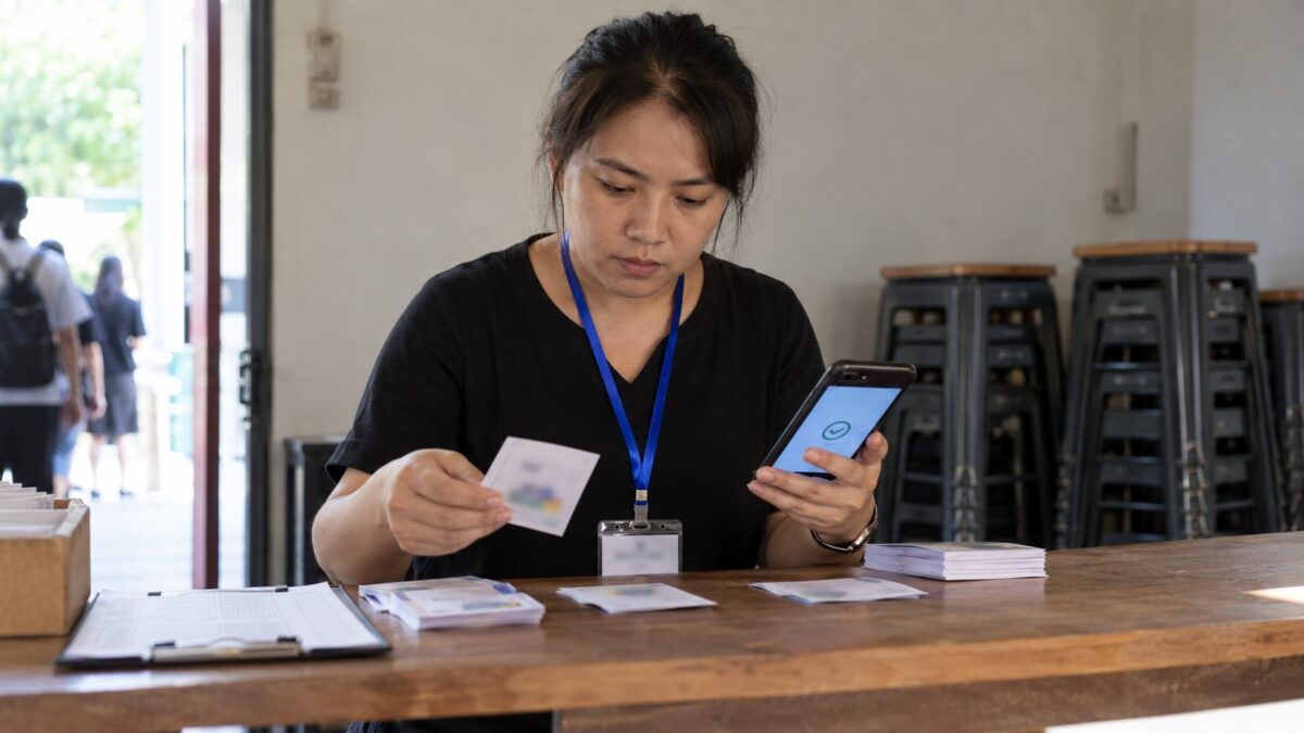 Workshop host matches a payment confirmation on her phone to printed admission cards at a venue check-in counter, with stacked stools behind.