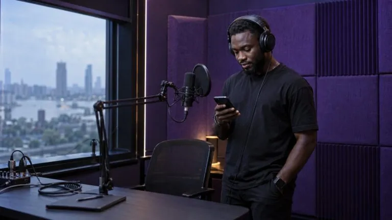 A Nigerian podcaster checking payouts between recording sessions