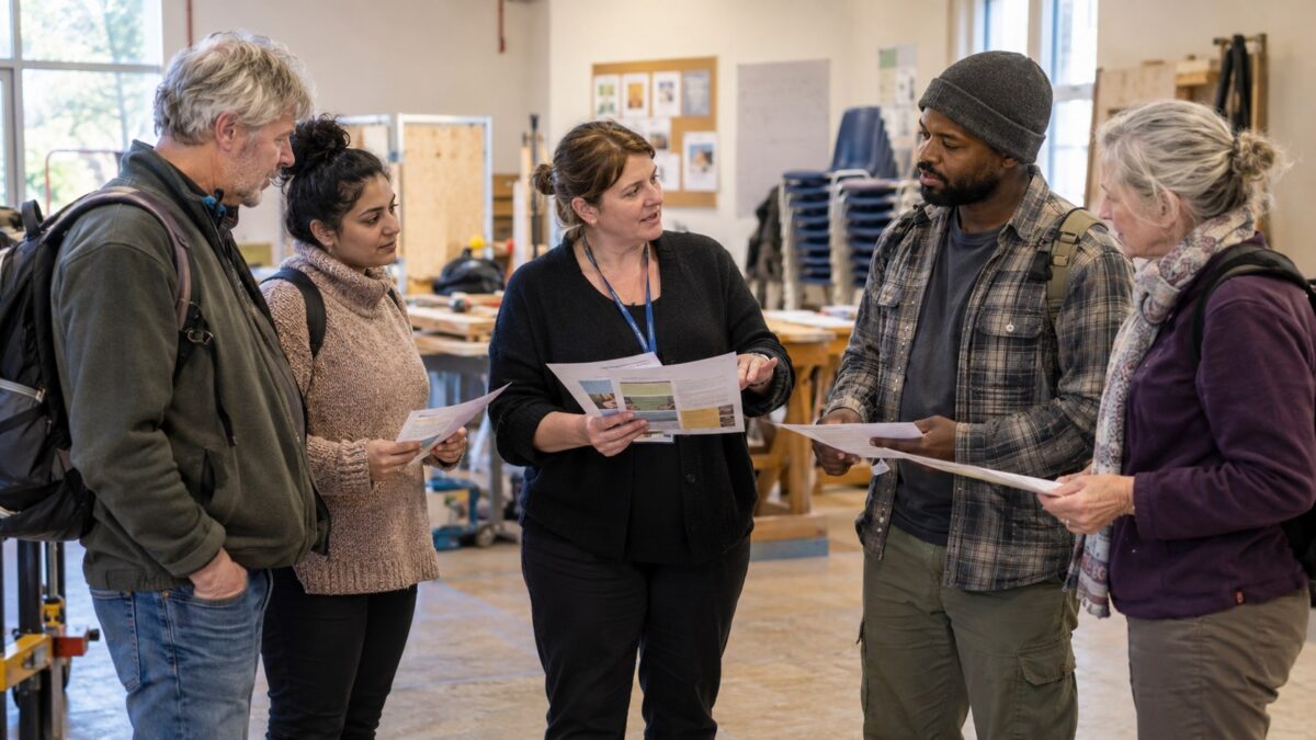 An instructor discusses printed course options with four adult learners standing in a community workshop venue.