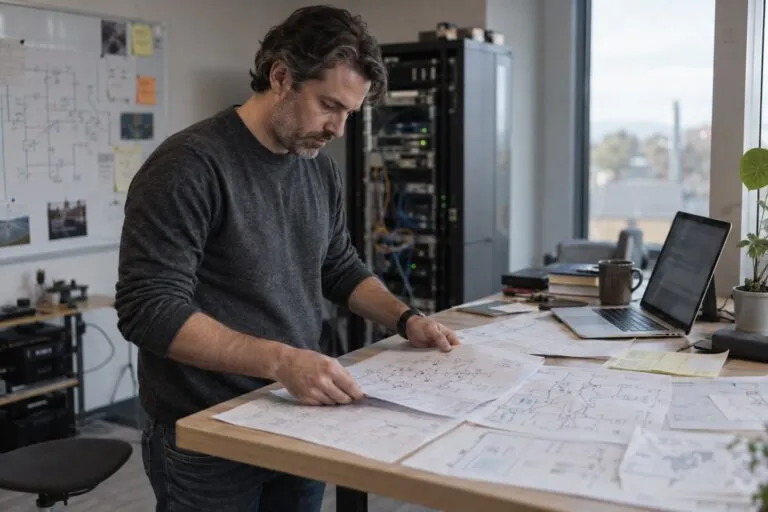 Platform architect reviewing service maps and infrastructure cost sheets