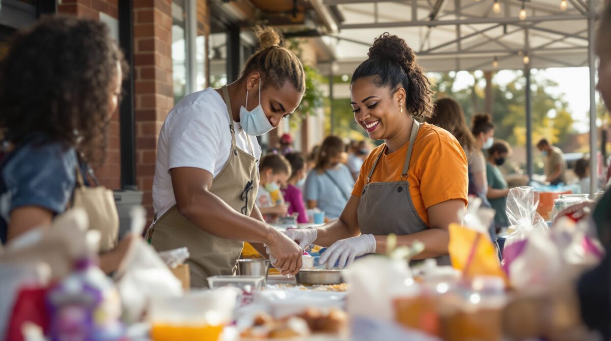 Volunteers running a bake sale at a local community event