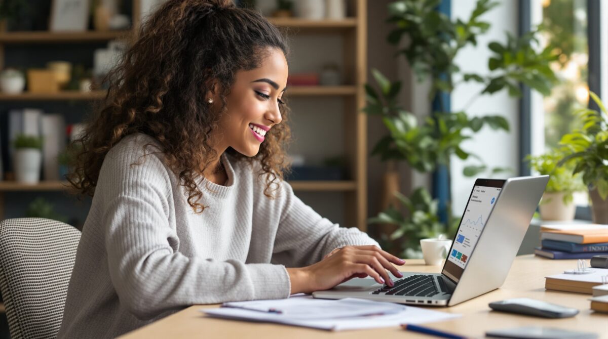 A focused study desk scene showing self-paced learning with digital tutoring tools
