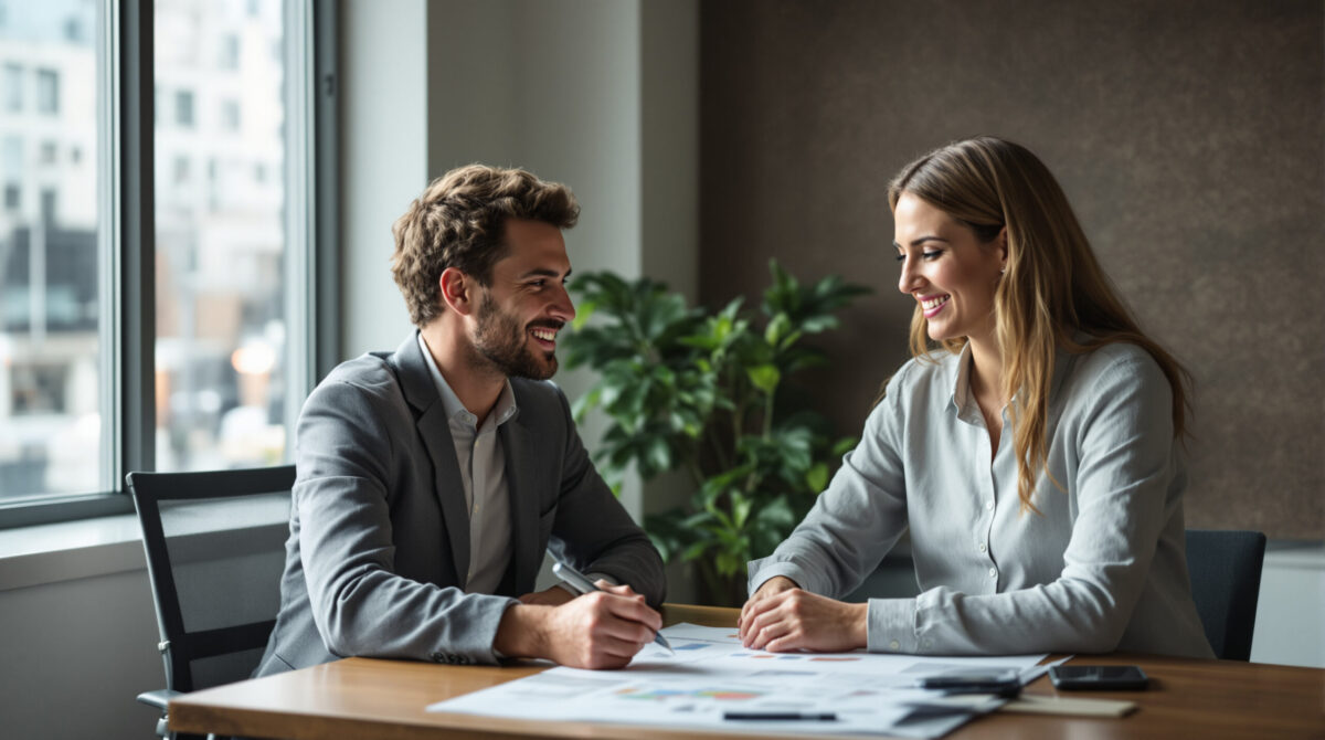 Founder and finance lead mapping a creator-platform transaction at a meeting table