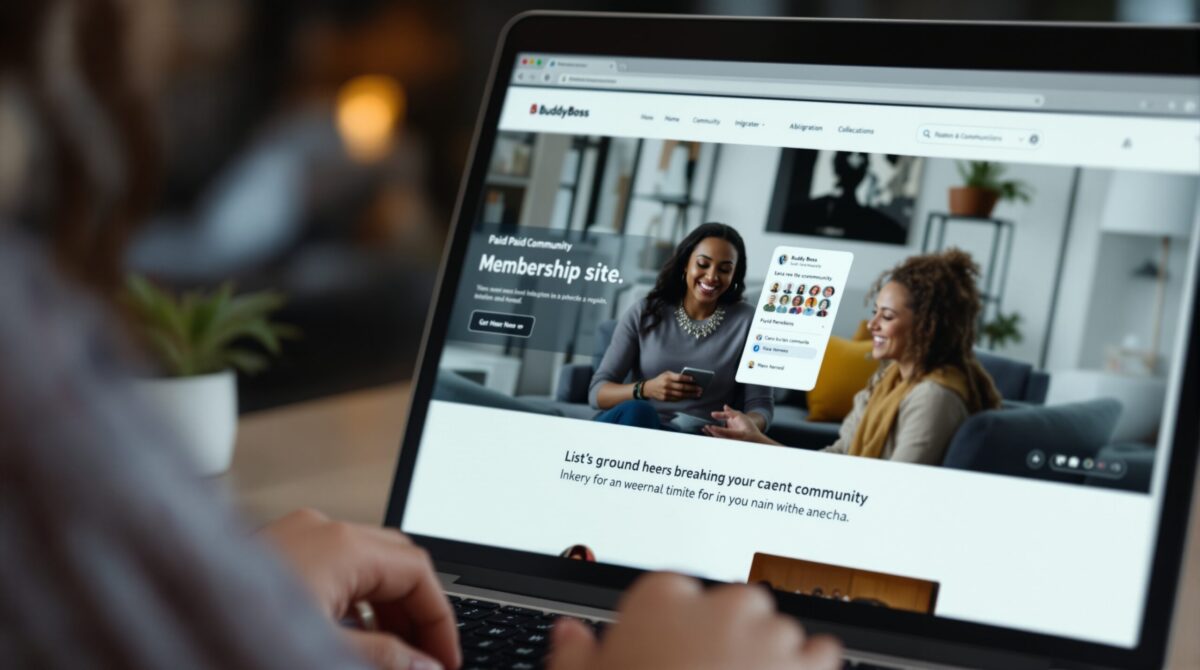 A branded membership site displayed on a laptop, showing the kind of paid community experience a BuddyBoss