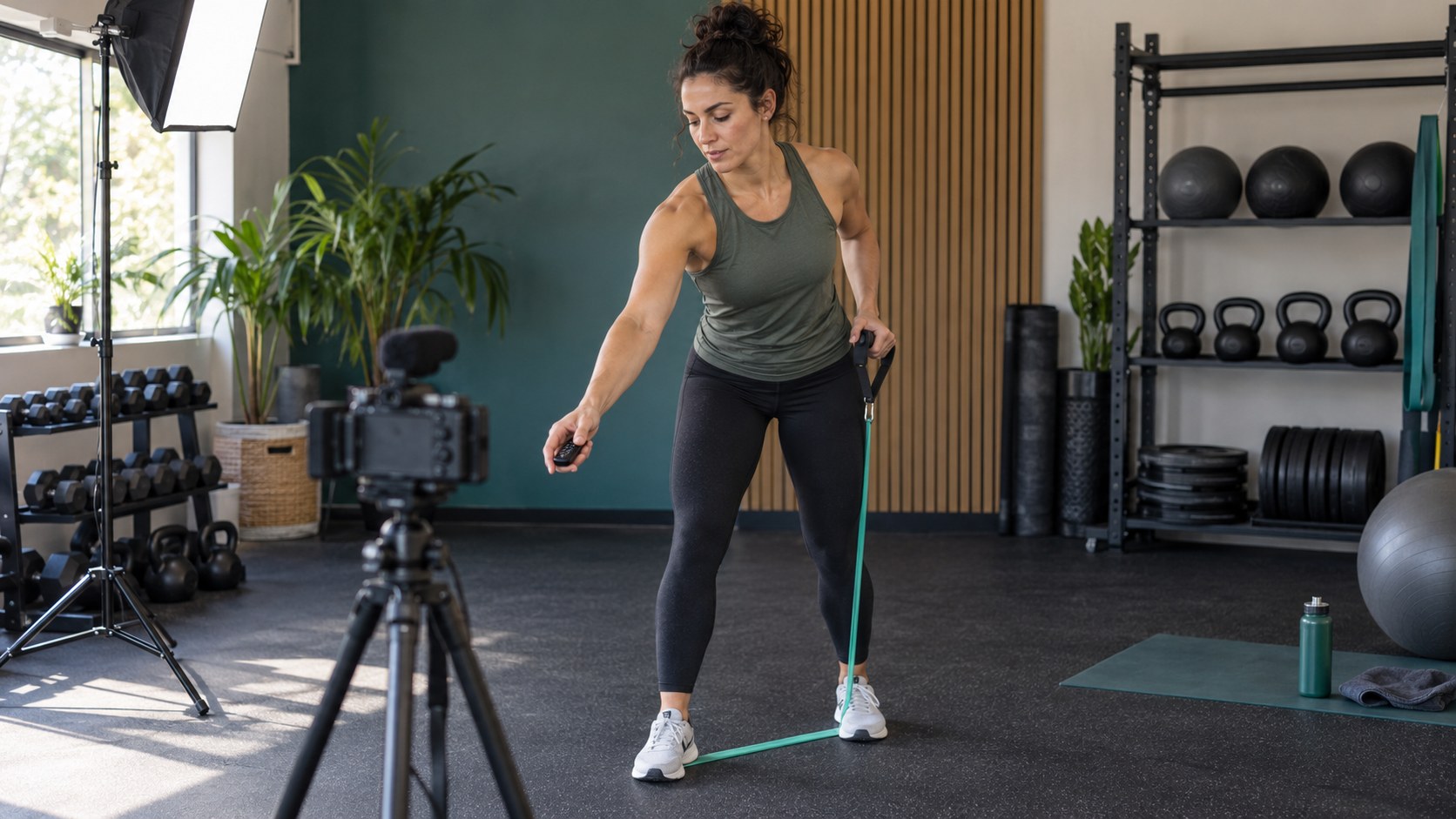A fitness creator adjusts a camera remote while demonstrating a resistance-band exercise in a naturally lit.
