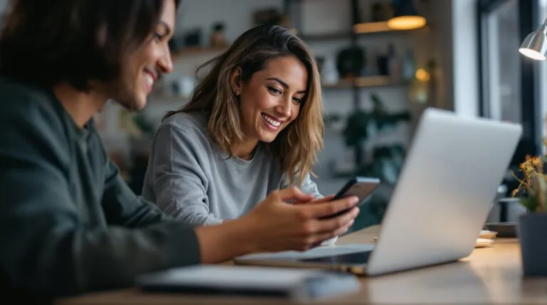 Founder reviewing a community platform interface on laptop and phone while comparing membership platform options