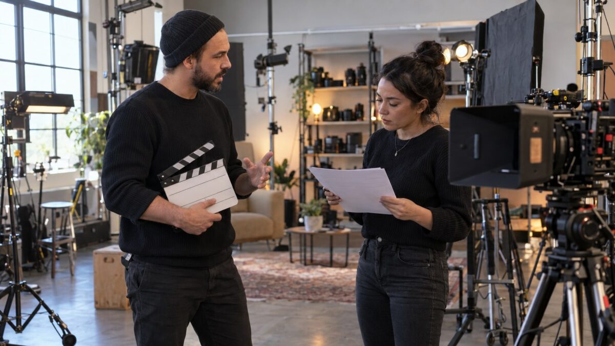 Creator holding a production slate speaks with an operations lead reviewing release sheets in a naturally lit.