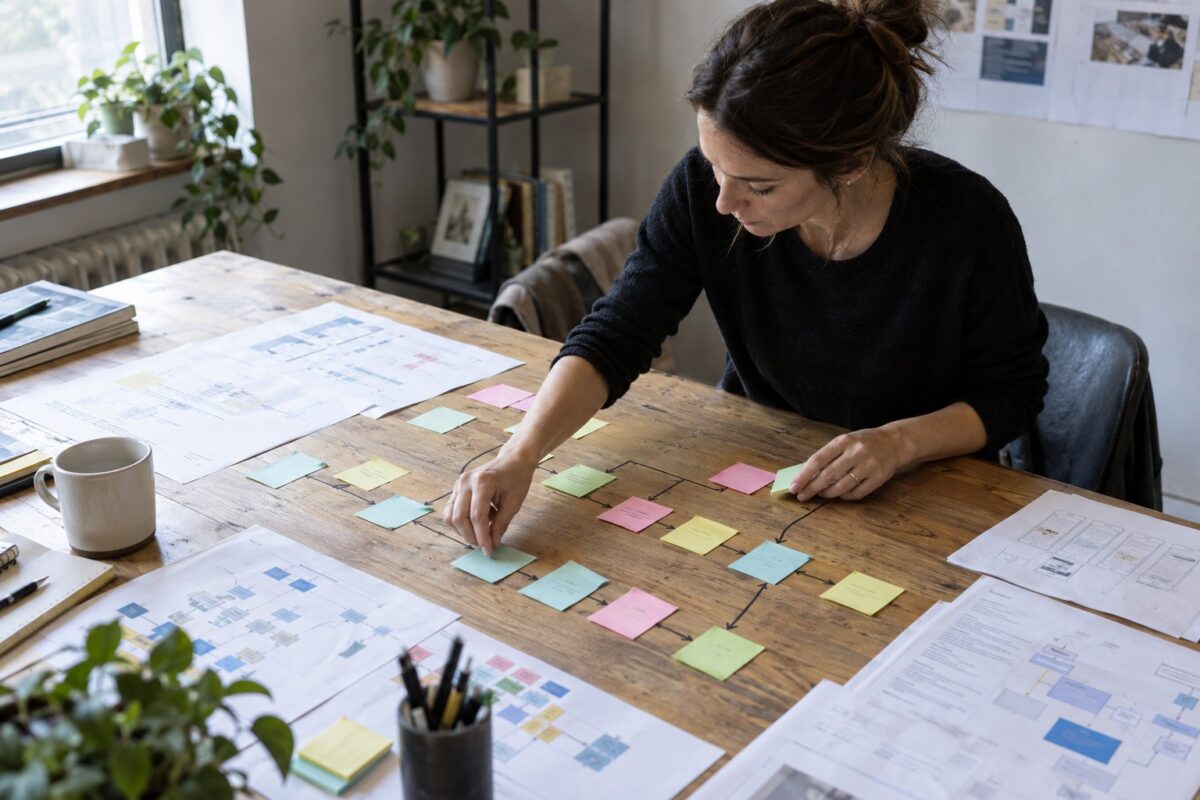 Operations lead mapping software requirements with workflow cards