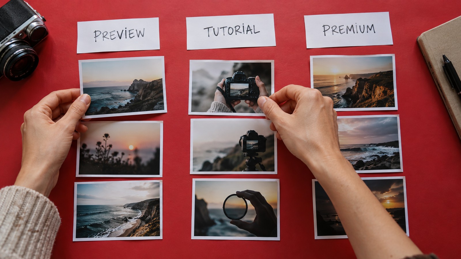 A creator arranging public previews and premium content in a storyboard