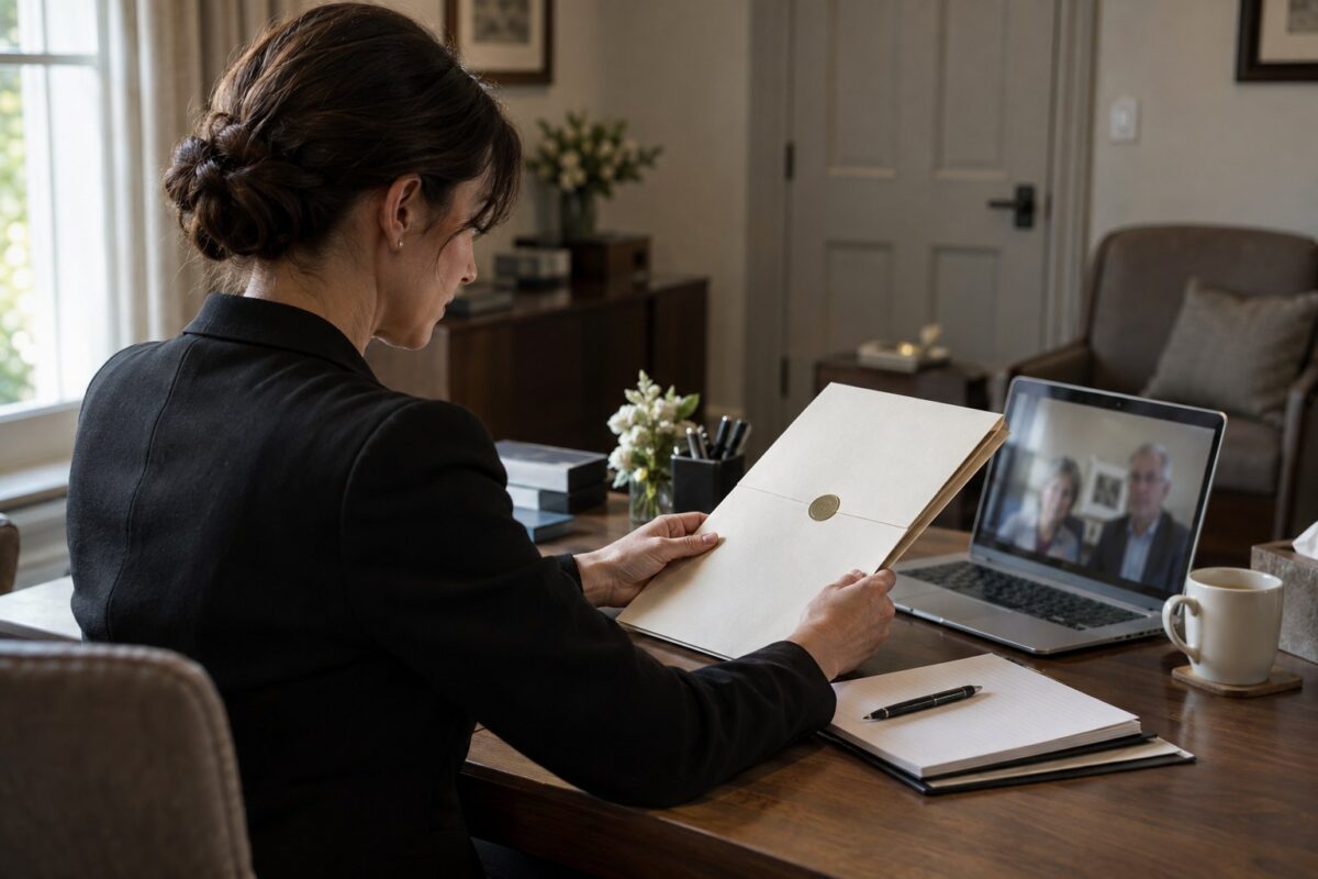 Funeral coordinator checking documents during a family video call