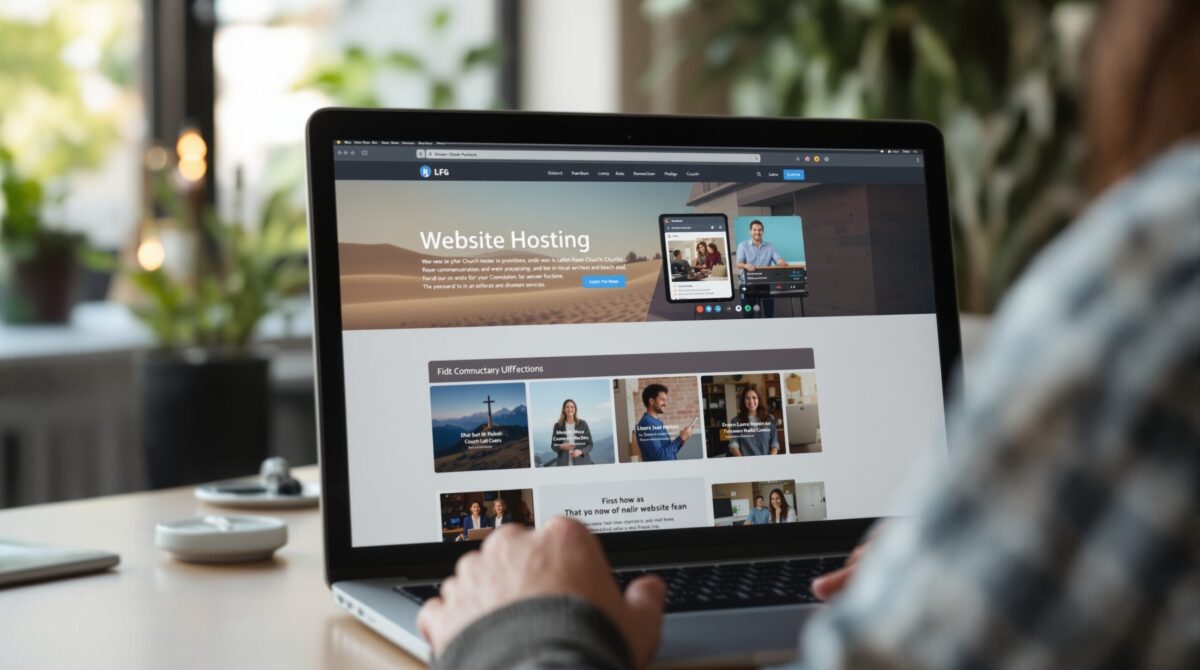 A website hosting setup shown on a laptop screen, representing the infrastructure layer behind a church website
