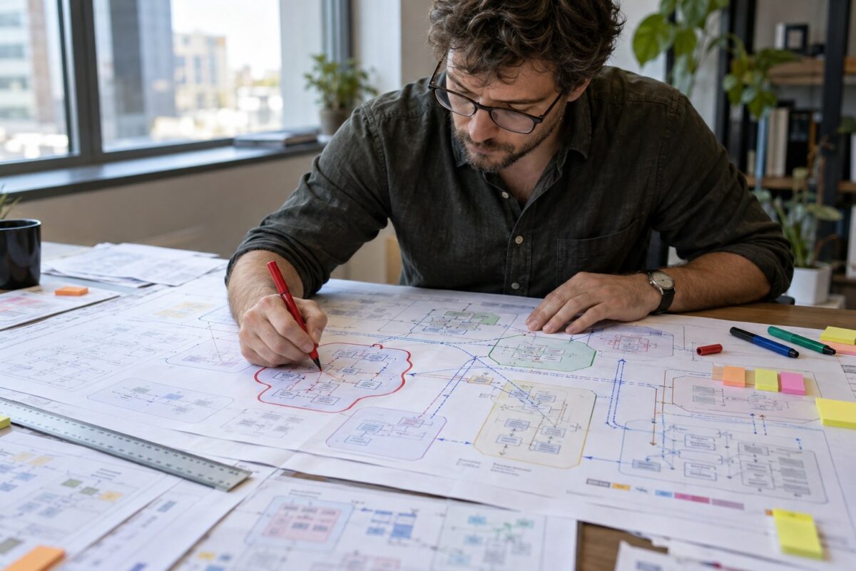 Architect marking trust boundaries on a printed service map
