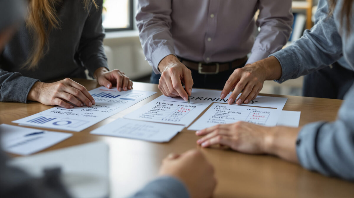 Founders comparing alternative pricing structures during a workshop