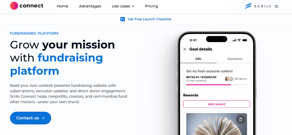 donation page with Scrile Connect