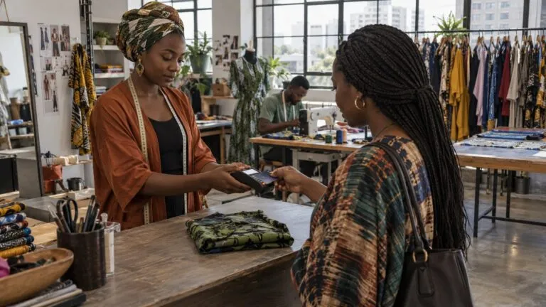A Nigerian fashion designer holds a card terminal as a customer pays for folded fabric in a sunlit atelier where a.