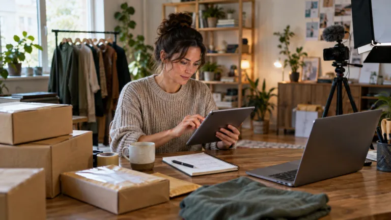 An independent website owner reviewing several revenue touchpoints on a tablet next to real shipping parcels and a course recording setup