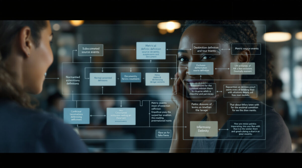A metric-definition workflow maps source events, reporting boundaries, exclusions, and cohort treatment into a shared report.