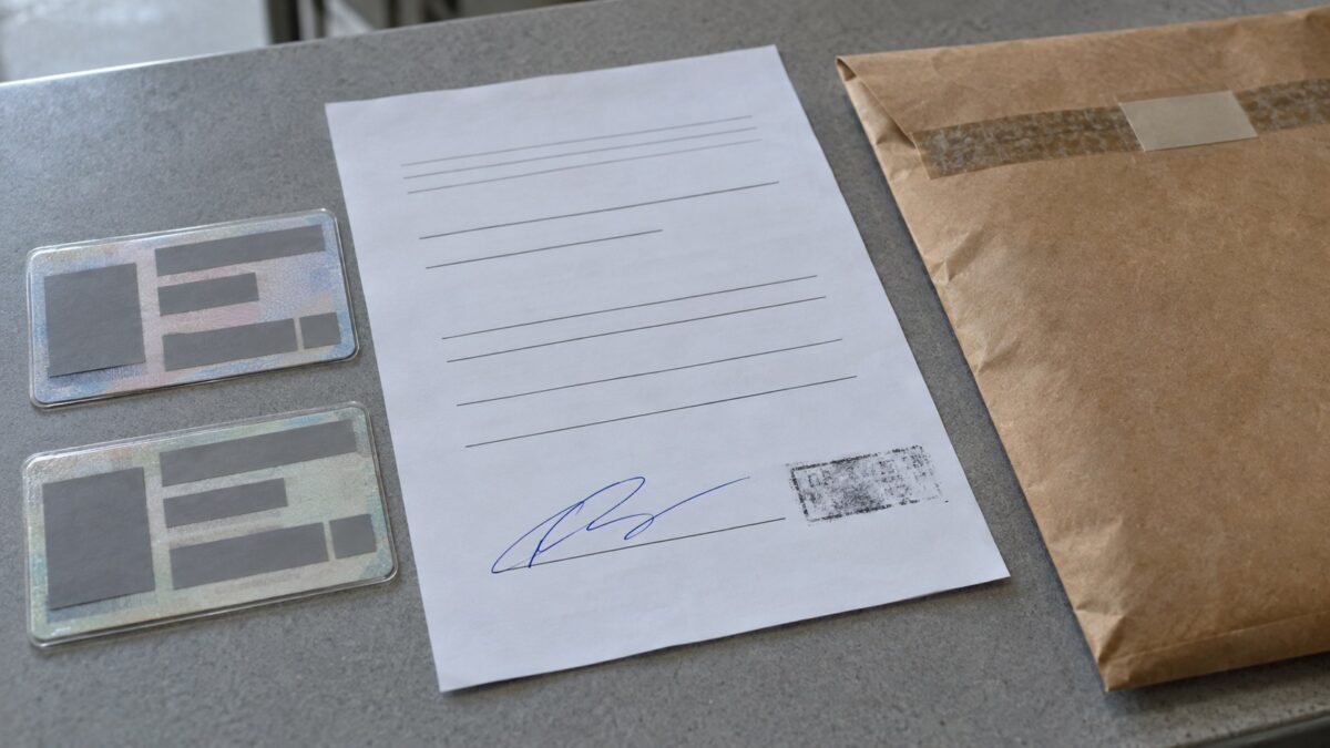 Two identity cards with obscured details beside a signed release form, smudged date stamp, and sealed security envelope on a verification counter.