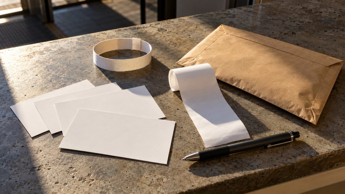 Blank policy cards, a plain wristband, curled receipt, sealed kraft envelope, and black pen on a textured counter in afternoon sunlight.