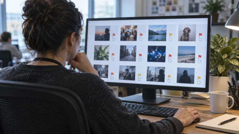 A moderation specialist reviewing a queue of abstract content thumbnails and safety flags on a screen at a dedicated workstation