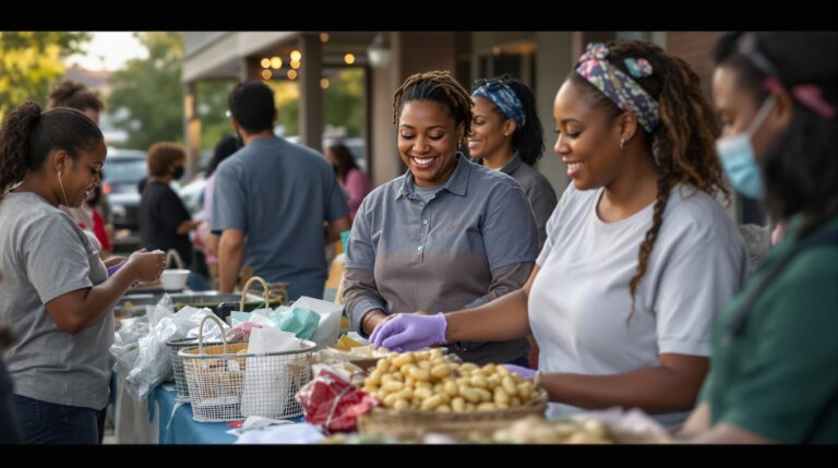 Community members at a local fundraiser event with tables, donations, and a neighborhood atmosphere