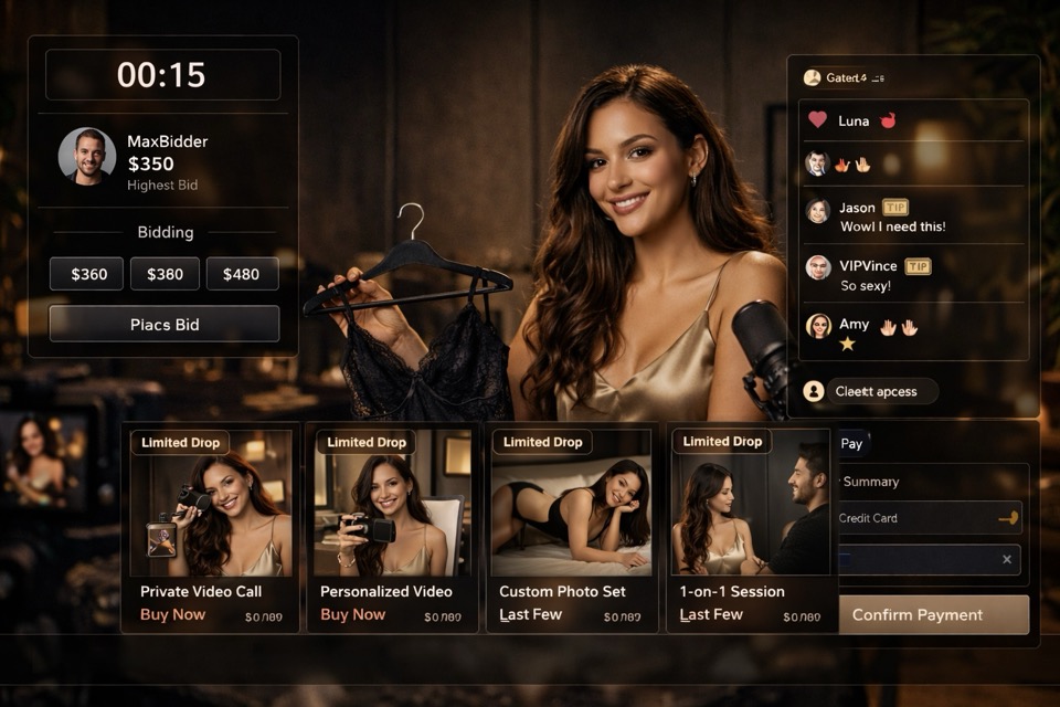 Live auctions of digital items for adult creators