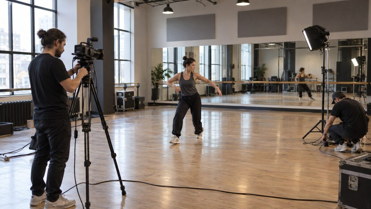 A dancer rehearses in a mirrored studio as a producer adjusts a tripod camera and a crew member checks cables.