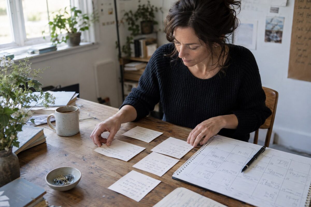Founder planning consultation packages with paper cards
