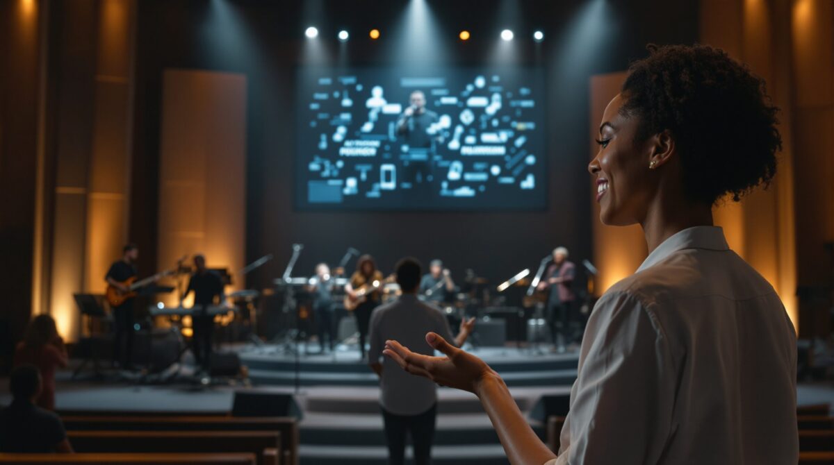 Worship band performing on stage in a contemporary church service