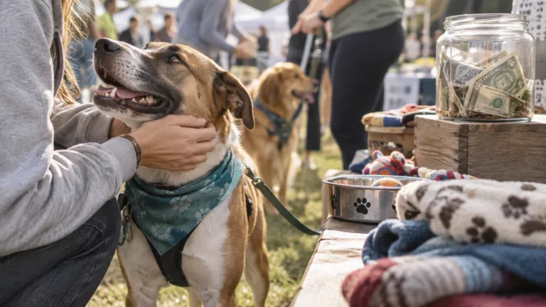 Volunteers with rescued dogs at a community adoption and fundraising event