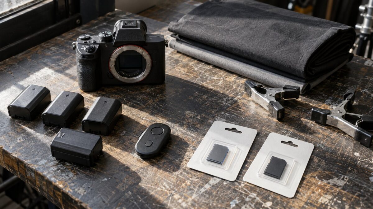 Camera body, charged batteries, light remote, folded backdrop fabric, wardrobe clips and sealed memory cards on a.