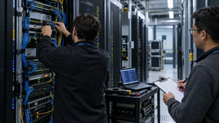 Engineers checking server connections during a planned platform migration