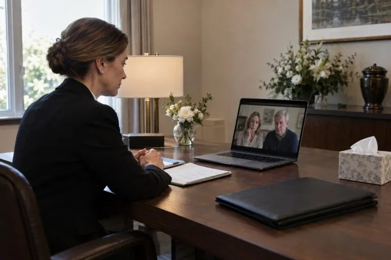 Funeral director conducting a private online arrangement consultation