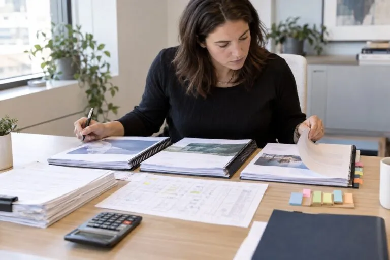 Procurement lead comparing software proposals and an evaluation matrix at a desk