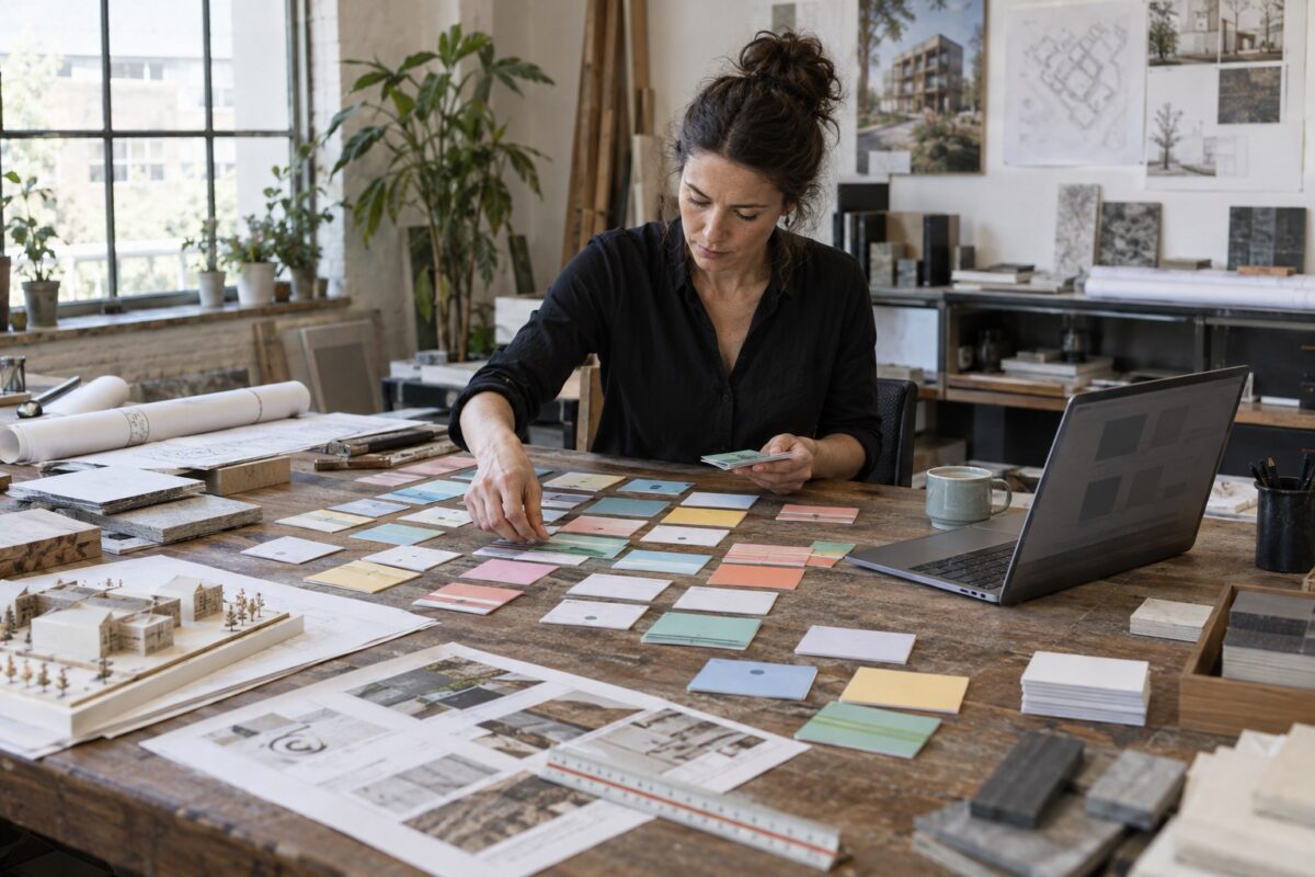 Architect sorting workload cards beside an operations laptop