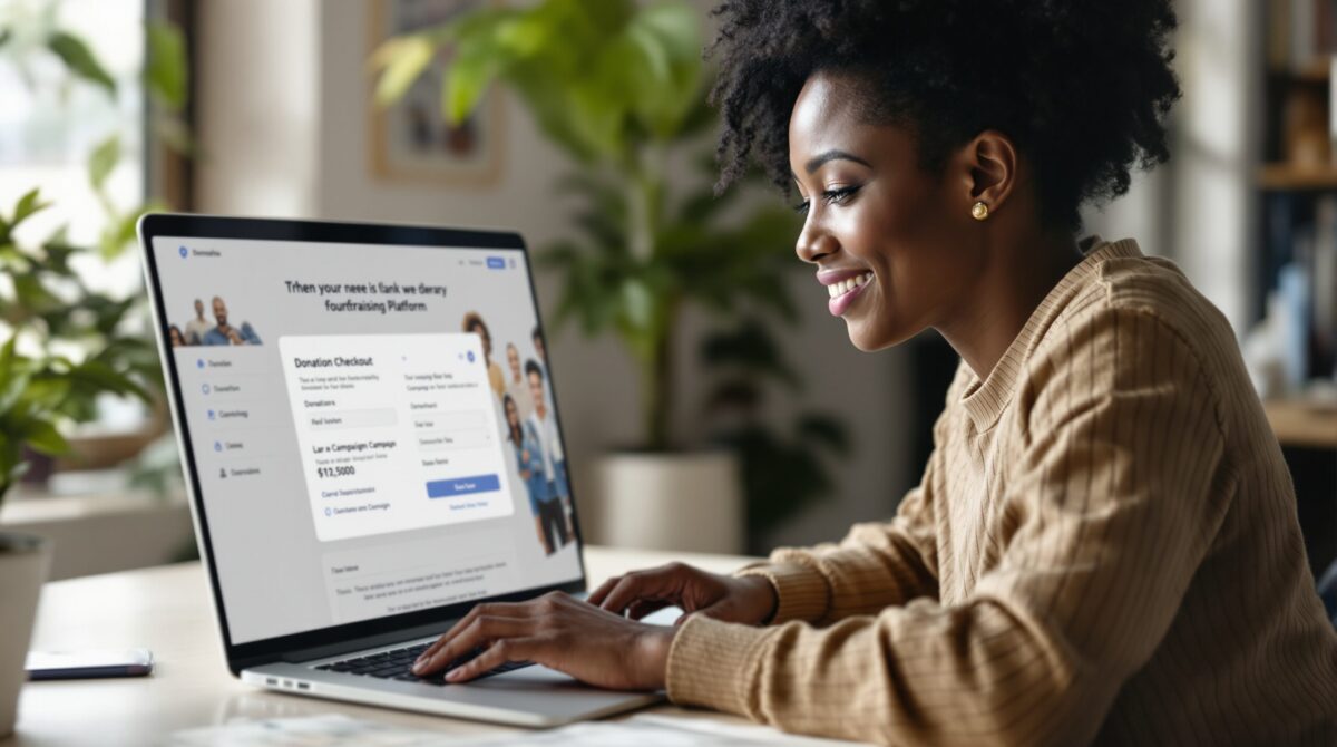 A donation checkout screen on a laptop showing a simple payment flow for an online fundraising site.